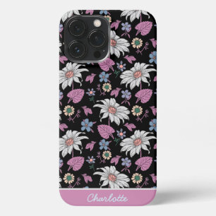 Etui iPhone 13 Pro Max Nom personnalisé rose floral continu motif