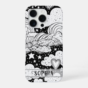 Coque iPhone 16 Pro Nuages Célestes Étoiles Doodle Personnalisé