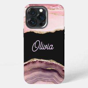 Etui iPhone 13 Pro Nuances d'agate rose et paillettes dorées - Monogr