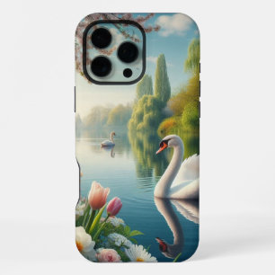 Coque iPhone 16 Pro Max OEuvre d'art printanière du lac des cygnes floraux
