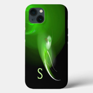 ETUI iPhone 13 OISEAU LÉGER, MONOGRAMME ABSTRAIT VERT CLAIR NOIR