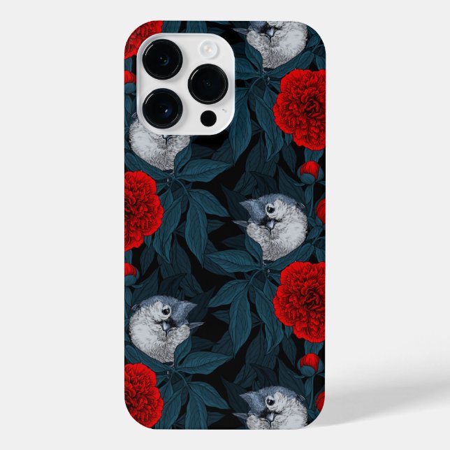 Coque iPhone Oiseaux et fleurs de pivoines rouges avec feuilles (Verso)