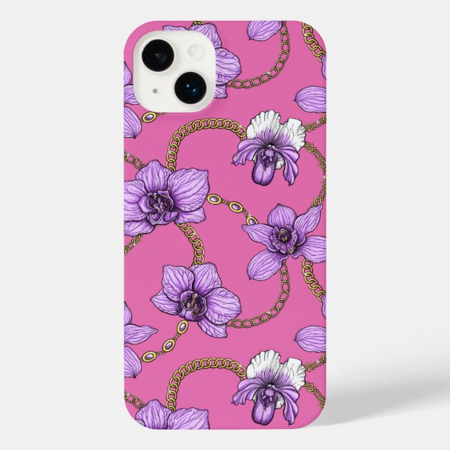 Coque iPhone Orchidées et chaînes, violet et rose (Verso)