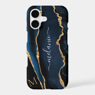 Coque iPhone Paillettes Or Bleu Nom Personnalisé L