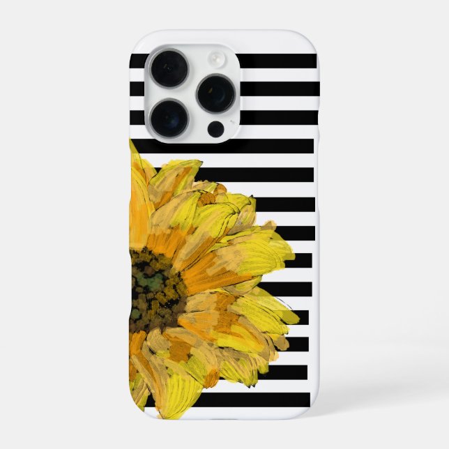 Coque iPhone Painted Yellow Sunflower on Black Stripes (Verso)