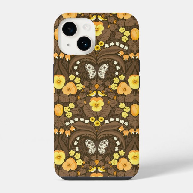 Coque iPhone Pansies jaunes, oiseaux et papillons (Verso)