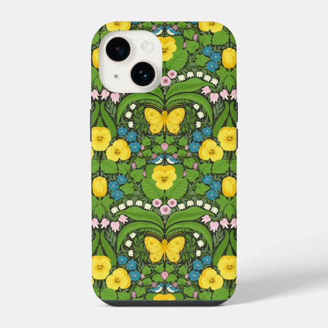 Coque iPhone Pansies jaunes, oiseaux et papillons (Verso)