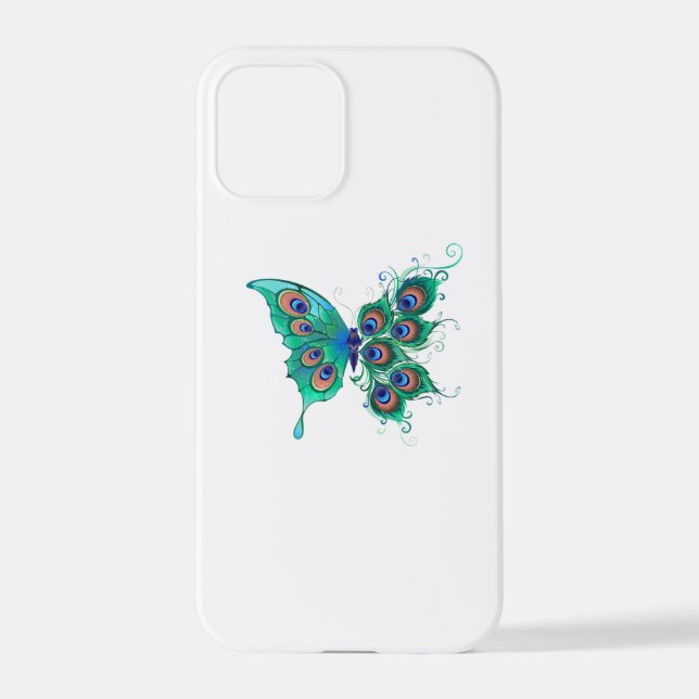 Coque iPhone Papillon aux plumes de paon vert (Verso)