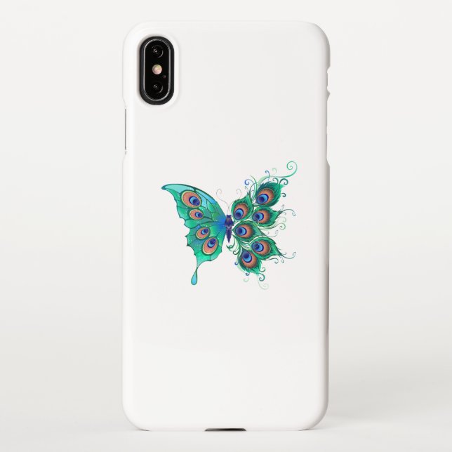 Coque iPhone Papillon aux plumes de paon vert (Dos)