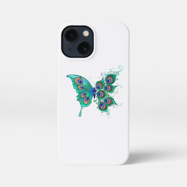 Coque iPhone Papillon aux plumes de paon vert (Verso)