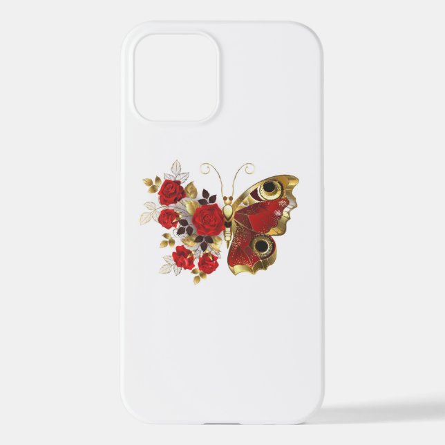 Coque iPhone Papillon de fleurs rouges aux roses rouges (Verso)