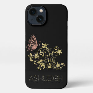 Etui iPhone 13 Papillon étincelant or et rose Personnalisé