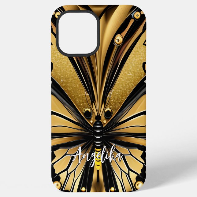 Coque iPhone Papillon Monarque Nom personnalisé Or et noir (Verso)