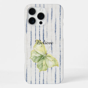 Coque iPhone 16 Pro Max Papillon Vert Menthe Croire Bleu Rayures Blanches