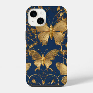 Coque Pour iPhone 14 Papillons Bleus Métalliques avec Vignes Dorées