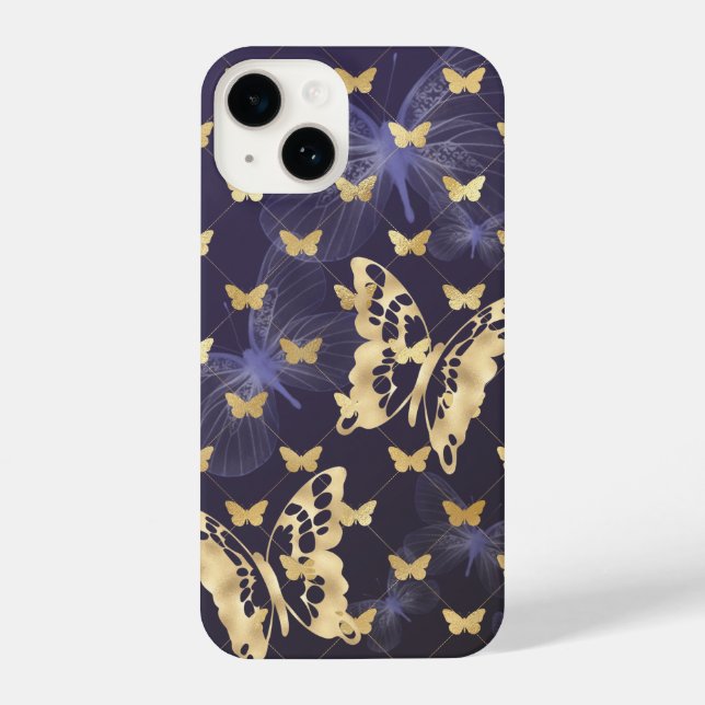 Coque iPhone Papillons d'or et violet iPhone 14 Coques (Verso)