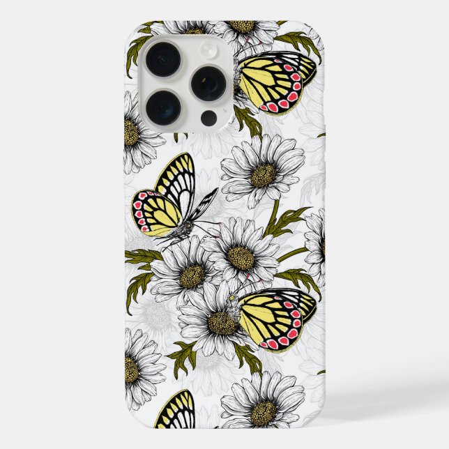 Coque iPhone Papillons Jézabel et fleurs marguerites sur blanc (Verso)