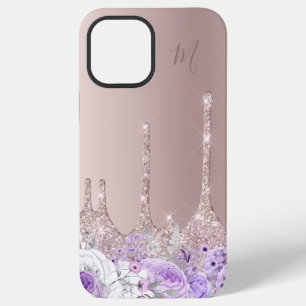 Coque iPhone 12 Pro Max Parties scintillant d'or rose fleuri violet goutte