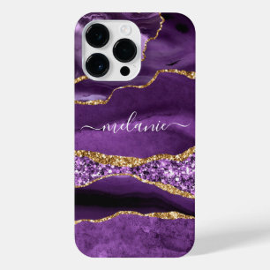 Coque Pour Pour iPhone 14 Pro Max Parties scintillant en or violet Marbre Votre nom