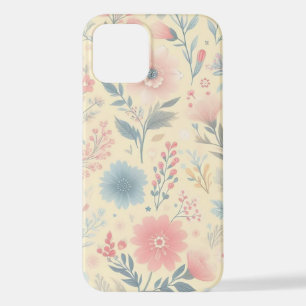 Coque iPhone 12 Pastel Floral rose & bleu sur jaune clair