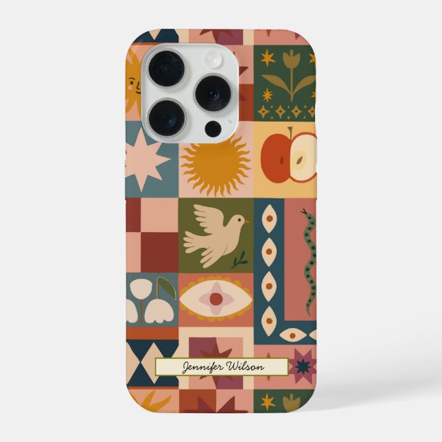 Coque iPhone Patchwork céleste bohémien avec symboles mystiques (Verso)