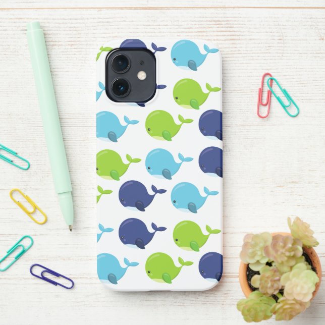 Coque iPhone Pattern of Whales, Cute Whales, Sea Animals (Sur le bureau)