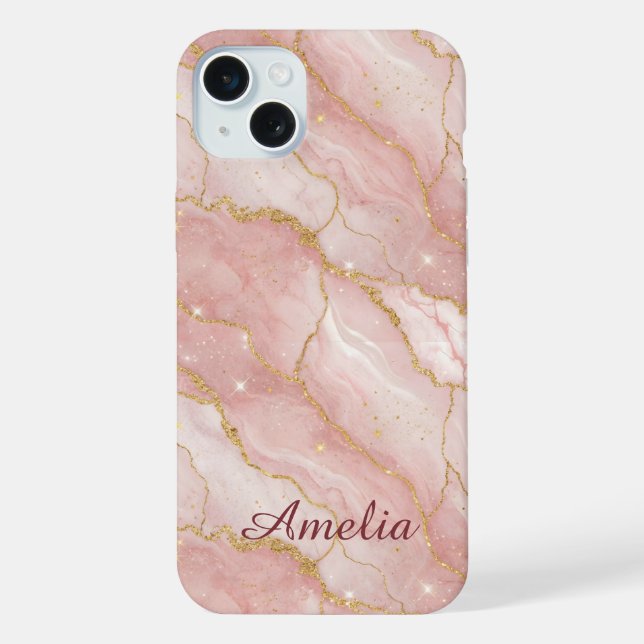 Coque iPhone Personalized Modern Rose Quartz Marble Gold (Verso)