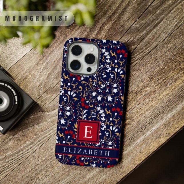 Coque iPhone Personnalisable Marine Bleue Rouge Blanc Paisley (Customizable Dark Navy Blue Red White Paisley iPhone Case)