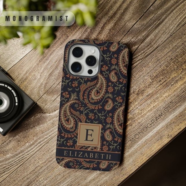 Coque iPhone Personnalisable Motif Beige Bleu Foncé (Customizable Dark Blue Beige Paisley Pattern iPhone Case)
