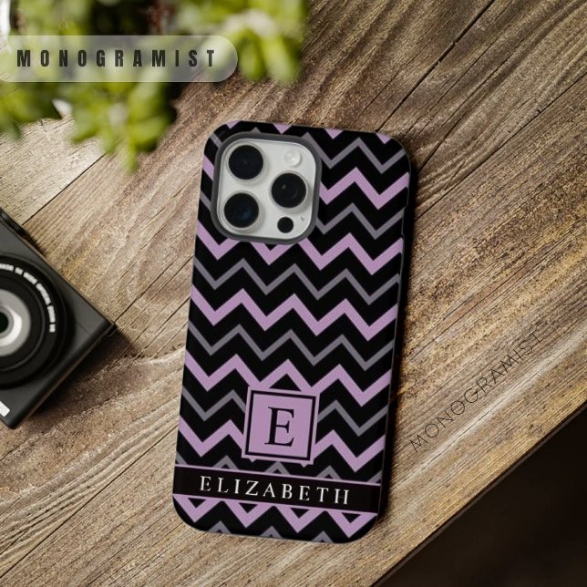 Coque iPhone Personnalisable Motif Chevron Gris Violet Noir (Customizable Purple Grey Black Chevron Pattern iPhone Case)