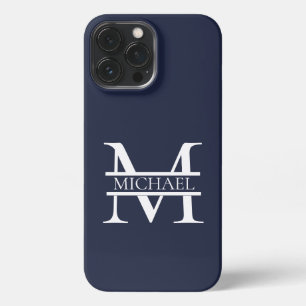 Etui iPhone 13 Pro Max Personnalisé Elegant Navy Blue Monogramme et nom