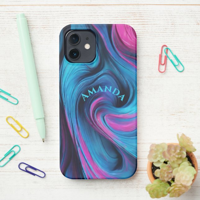 Coque iPhone Personnalisé Moderne Abstrait-bleu et Fuchsia (Sur le bureau)