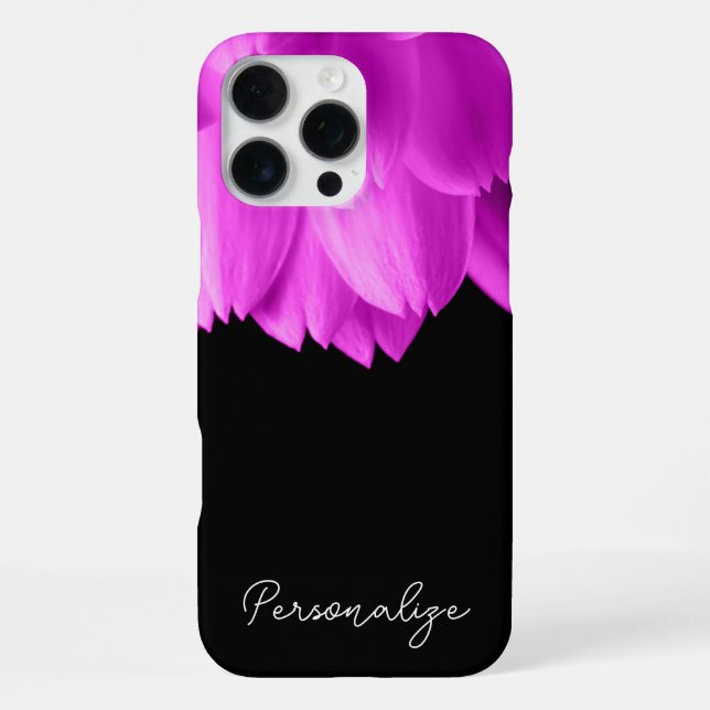 Coque iPhone Pétales de fleurs roses chaudes noir Nom personnal (Verso)