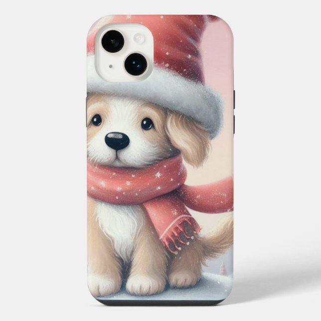 Coque iPhone Petit chiot de Noël en chapeau santa (Verso)