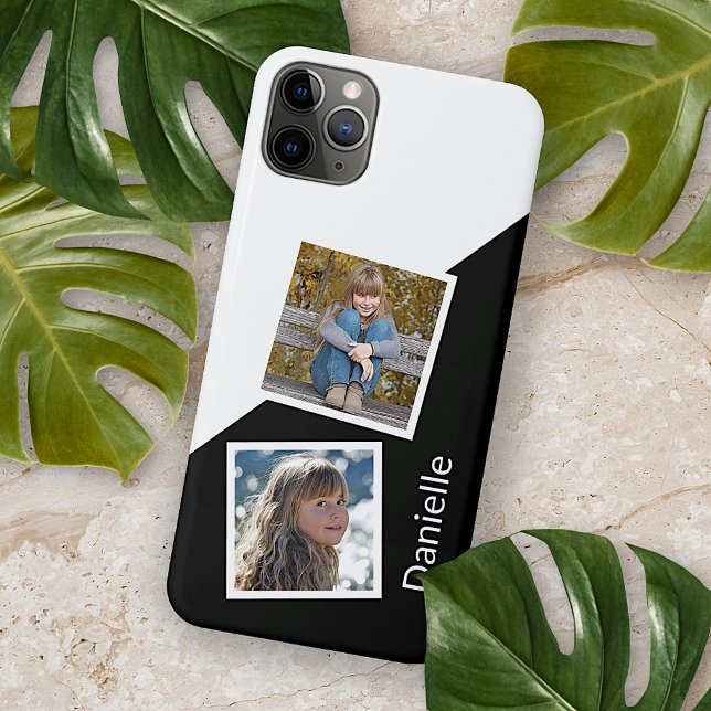 Coque iPhone Photos personnalisées en noir et blanc géométrique (Créateur téléchargé)