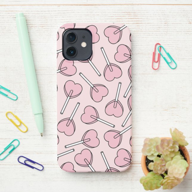 Coque iPhone Pink Lollipops, Heart Lollipops, Lollipop Pattern (Sur le bureau)