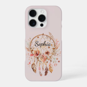 Coque iPhone 16 Pro Pink Love Boho Floral Feathers Dream Catcher