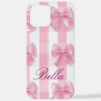 Coque iPhone 12 Pro Max Pink Striped Bow Coquette Aesthetic Cute Girly 