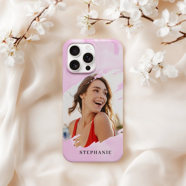 Coque iPhone Pink Watercolor Wash Personalized Photo with Name (Créateur téléchargé)
