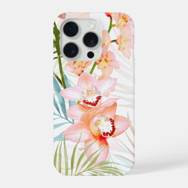Coque iPhone PixDezines Orchid Isle, Peachy Orchids Blue Palms (Verso)