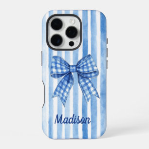 Coque iPhone 16 Pro Plaid rayure bleue noeud papillon toile monogramme