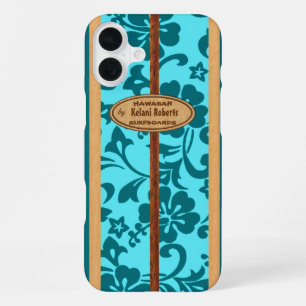 Coque iPhone 16 Plus Planche de surf à monogramme en faux bois hawaïen