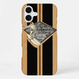 Coque iPhone 16 Plus Planche de surf en faux bois hawaïen Waimea noir