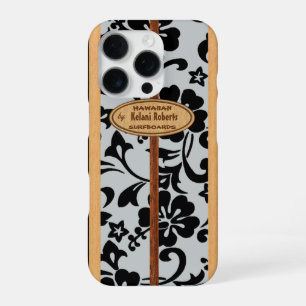 Coque iPhone 16 Pro Planche de surf monogramme en faux bois hawaïen Mo