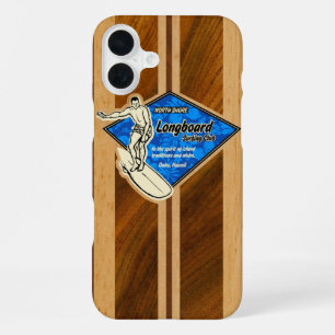 Coque iPhone 16 Plus Planche de surf Waimea Hawaïen Faux Bois de Koa Bl