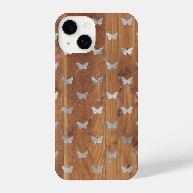 Coque iPhone Plaques en bois et papillons en argent iPhone 14 C (Verso)