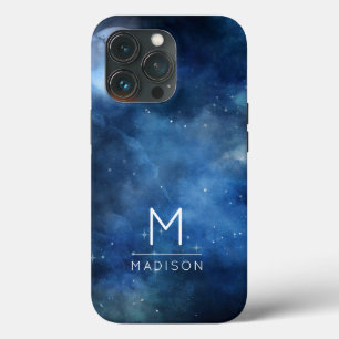 Etui iPhone 13 Pro Pleine Lune Galaxie Ciel Céleste Monogramme Bleu N
