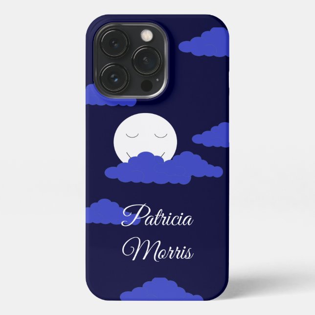 Coque iPhone Pleine lune souriante avec nuages : bleu foncé (Verso)