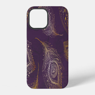 Coque iPhone 12 Plume de paon doré, fond violet.