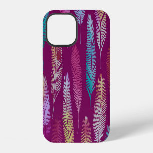 Coque iPhone 12 Plumes colorées : motif de fond violet.